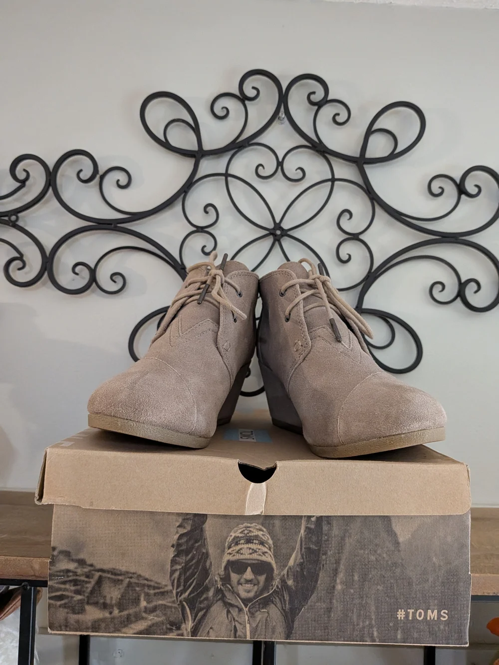 Toms Taupe Suede Wedge Ankle Boots